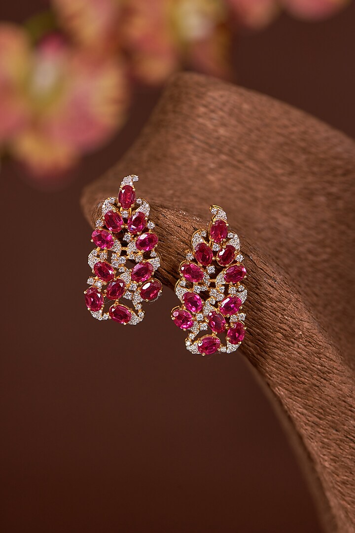 White Finish Zircon & Ruby Dangler Earrings In Sterling Silver by STELLA CREATIONS at Pernia's Pop Up Shop