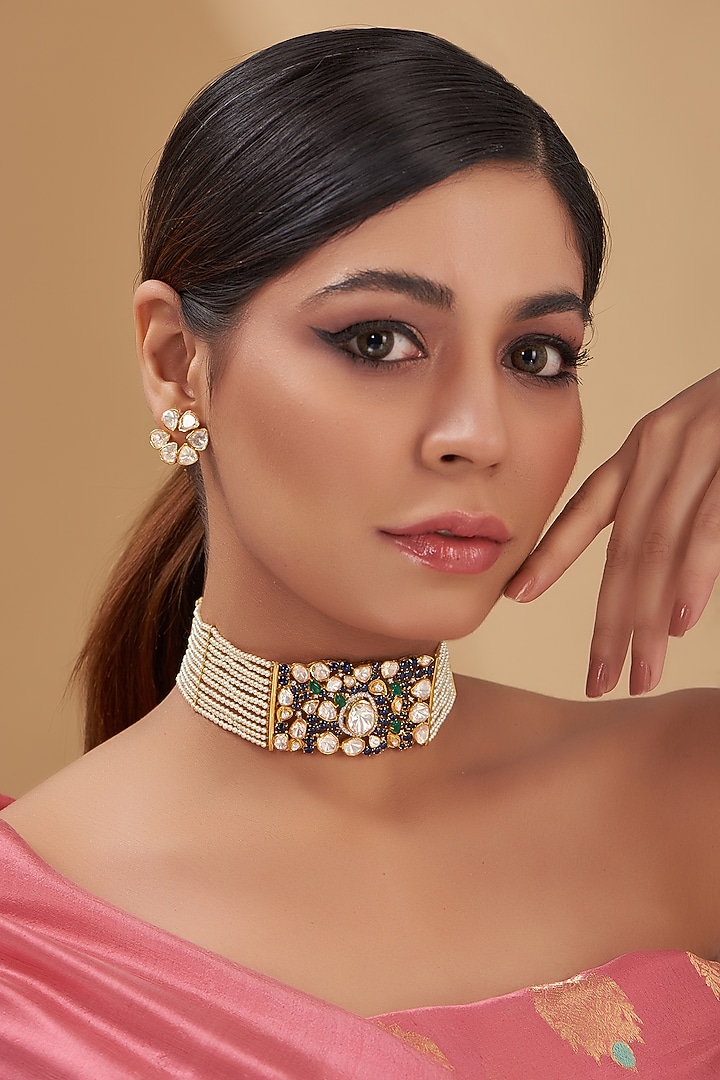 Gold Finish Moissanite Polki & Emerald Necklace Set In Sterling Silver by STELLA CREATIONS at Pernia's Pop Up Shop