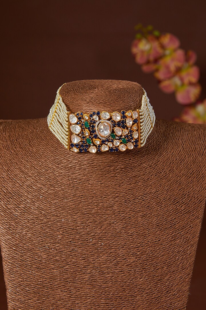 Gold Finish Moissanite Polki & Emerald Necklace Set In Sterling Silver by STELLA CREATIONS at Pernia's Pop Up Shop