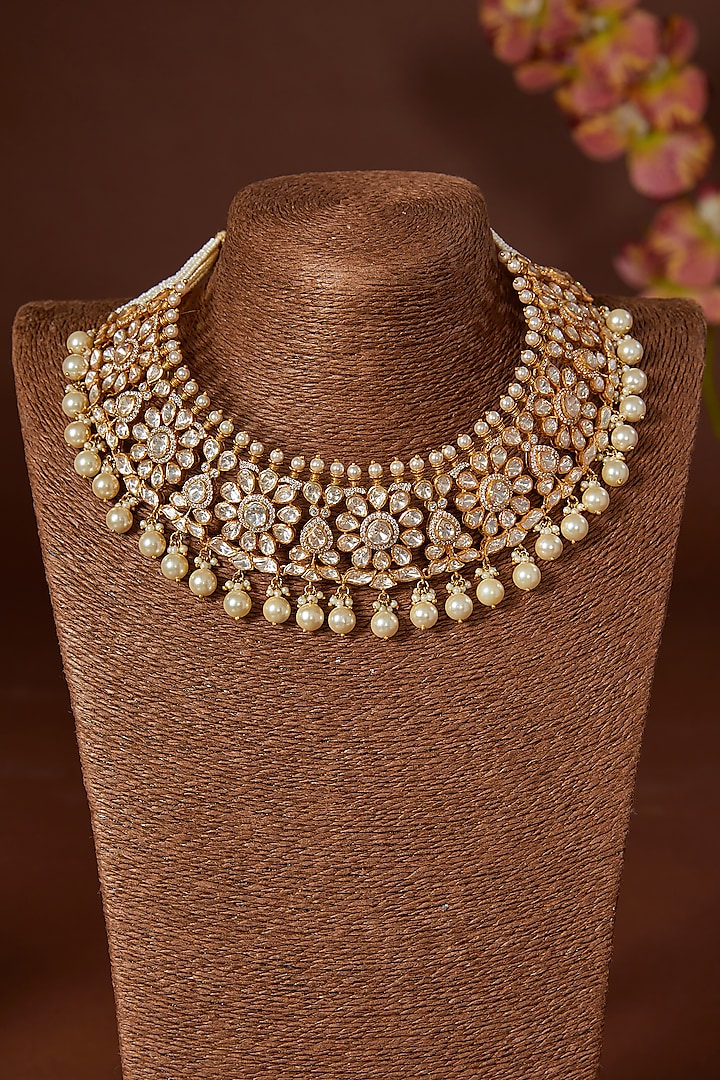 Gold Finish Moissanite Polki & CZ Choker Necklace Set In Sterling Silver by STELLA CREATIONS at Pernia's Pop Up Shop
