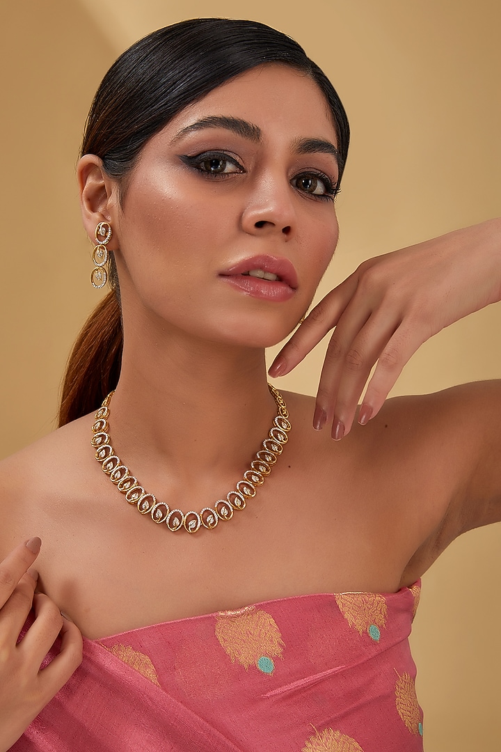 Gold Finish Zircon Necklace Set In Sterling Silver by STELLA CREATIONS at Pernia's Pop Up Shop