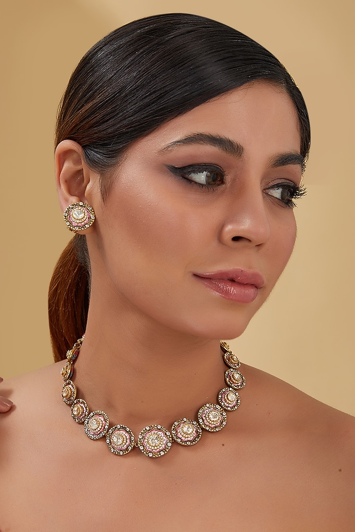 Black Rhodium Finish Moissanite Polki & CZ Choker Necklace Set In Sterling Silver by STELLA CREATIONS at Pernia's Pop Up Shop