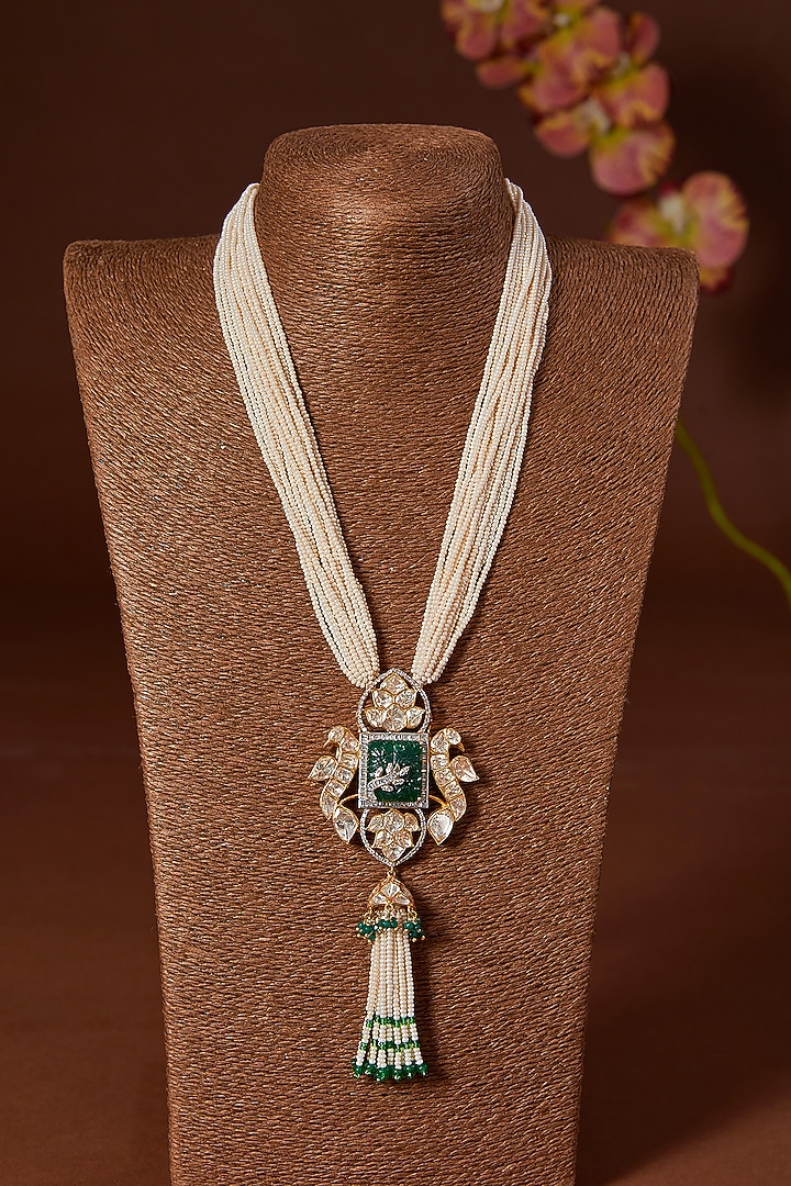Gold Finish Moissanite Polki & Synthetic Emerald Long Necklace Set In Sterling Silver by STELLA CREATIONS at Pernia's Pop Up Shop