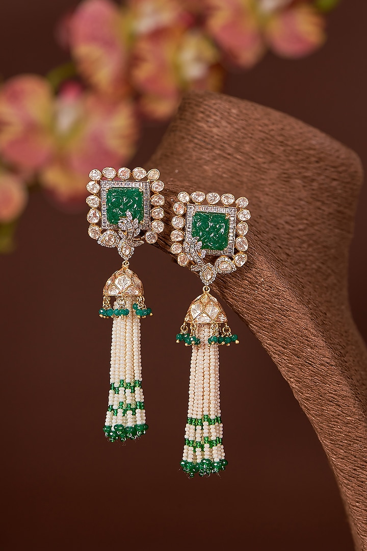 Gold Finish Moissanite Polki & Synthetic Emerald Long Necklace Set In Sterling Silver by STELLA CREATIONS at Pernia's Pop Up Shop