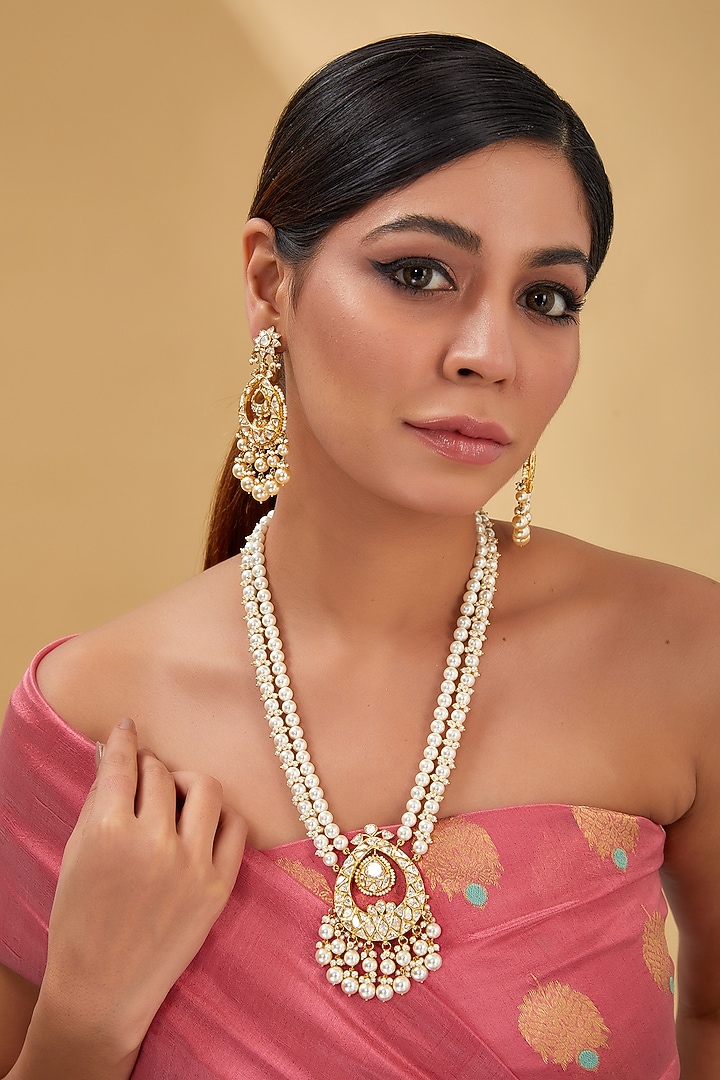 Gold Finish Moissanite Polki & Freshwater Pearl Long Necklace Set In Sterling Silver by STELLA CREATIONS at Pernia's Pop Up Shop