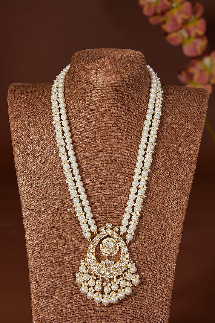 Gold Finish Moissanite Polki & Freshwater Pearl Long Necklace Set In Sterling Silver by STELLA CREATIONS at Pernia's Pop Up Shop