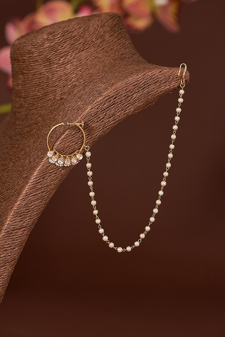 Gold Finish Moissanite Polki & Freshwater Pearl Nosering In Sterling Silver by STELLA CREATIONS at Pernia's Pop Up Shop
