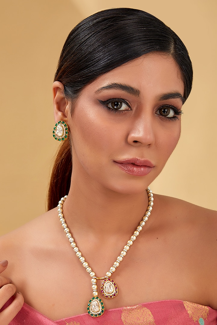 Gold Finish Moissanite Polki & Synthetic Stone Long Necklace Set In Sterling Silver by STELLA CREATIONS at Pernia's Pop Up Shop