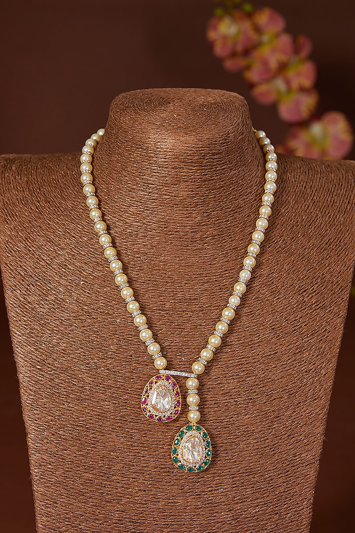 Gold Finish Moissanite Polki & Synthetic Stone Long Necklace Set In Sterling Silver by STELLA CREATIONS at Pernia's Pop Up Shop