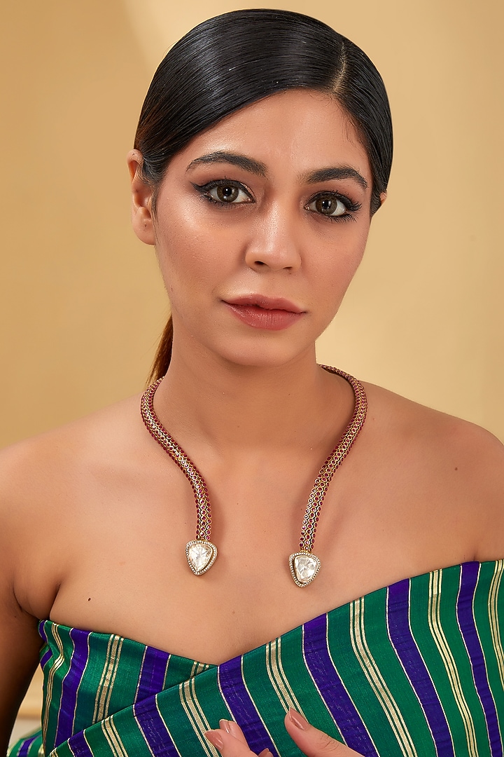 Black Rhodium Finish Moissanite Polki & Synthetic Ruby Necklace In Sterling Silver by STELLA CREATIONS at Pernia's Pop Up Shop
