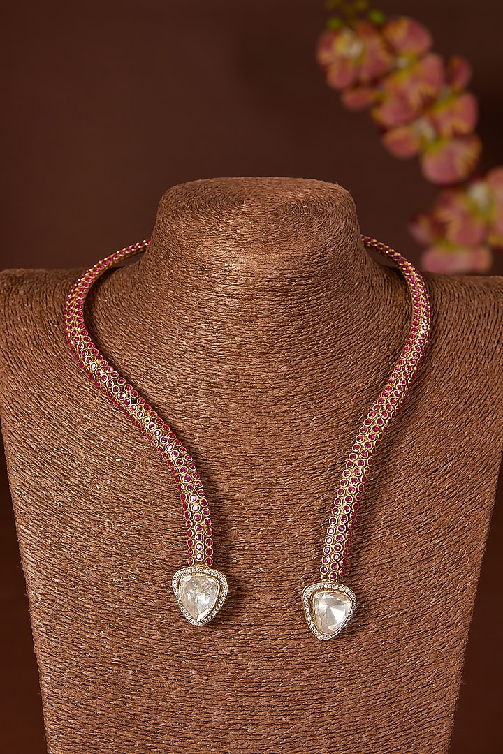 Black Rhodium Finish Moissanite Polki & Synthetic Ruby Necklace In Sterling Silver by STELLA CREATIONS at Pernia's Pop Up Shop