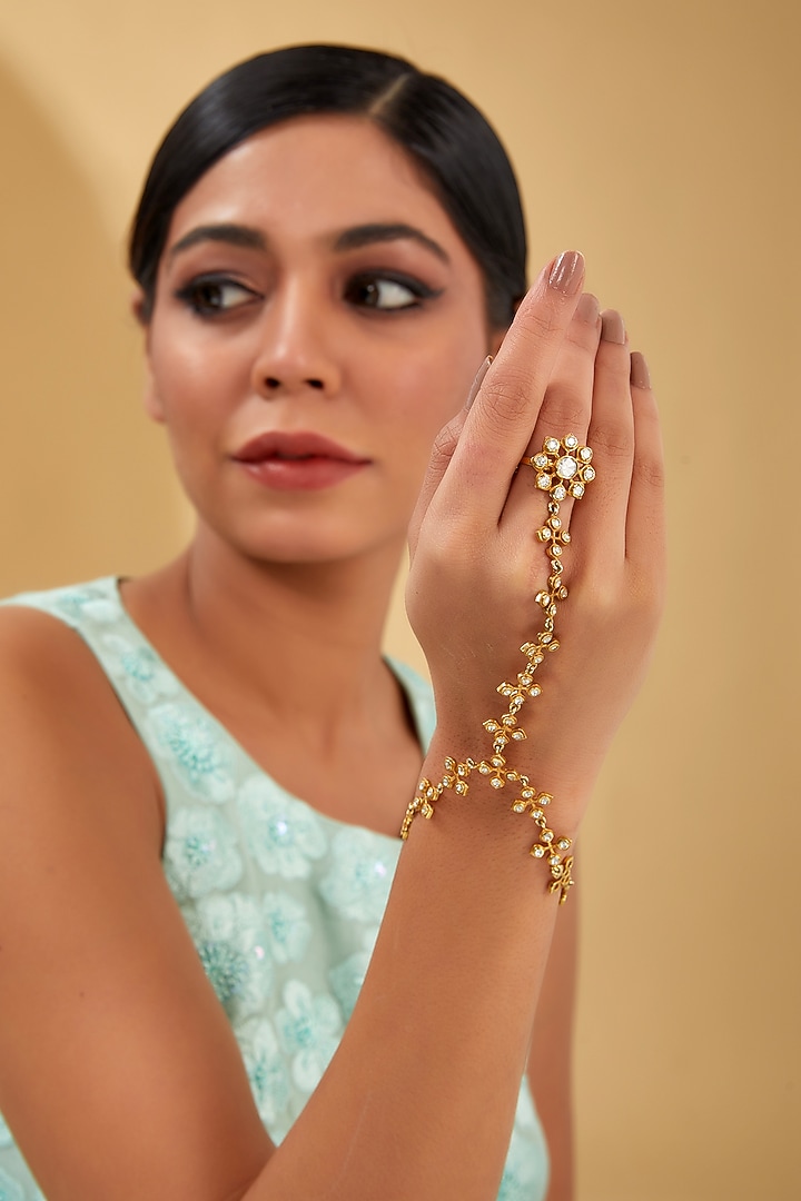 Gold Finish Moissanite Polki Handharness In Sterling Silver by STELLA CREATIONS at Pernia's Pop Up Shop
