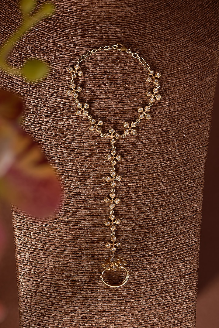 Gold Finish Moissanite Polki Handharness In Sterling Silver by STELLA CREATIONS at Pernia's Pop Up Shop
