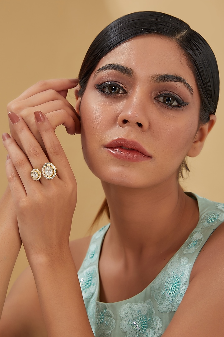 Gold Finish Moissanite Polki & CZ Ring In Sterling Silver by STELLA CREATIONS at Pernia's Pop Up Shop