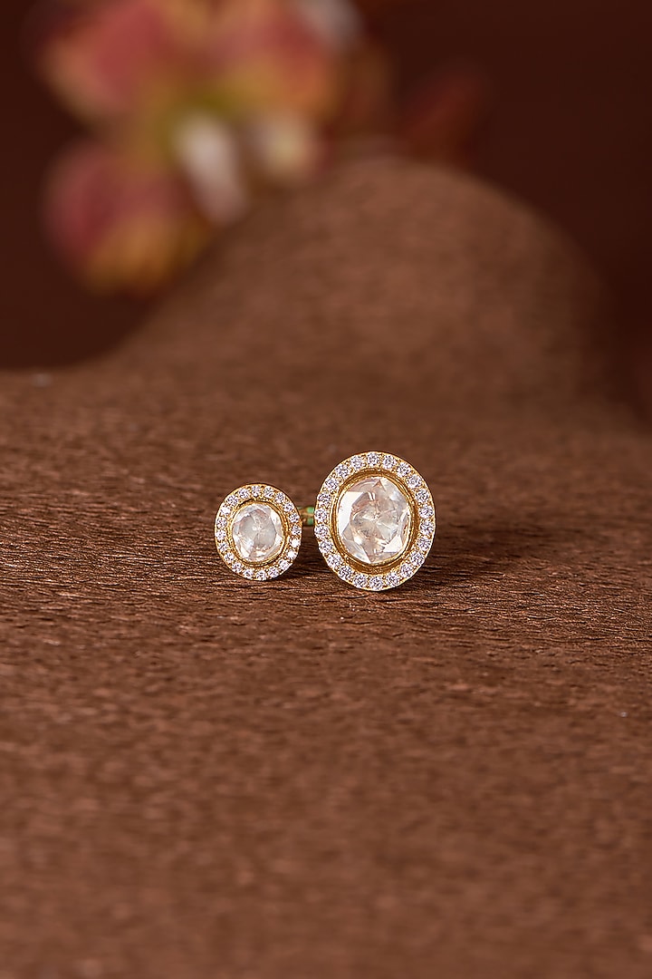 Gold Finish Moissanite Polki & CZ Ring In Sterling Silver by STELLA CREATIONS at Pernia's Pop Up Shop