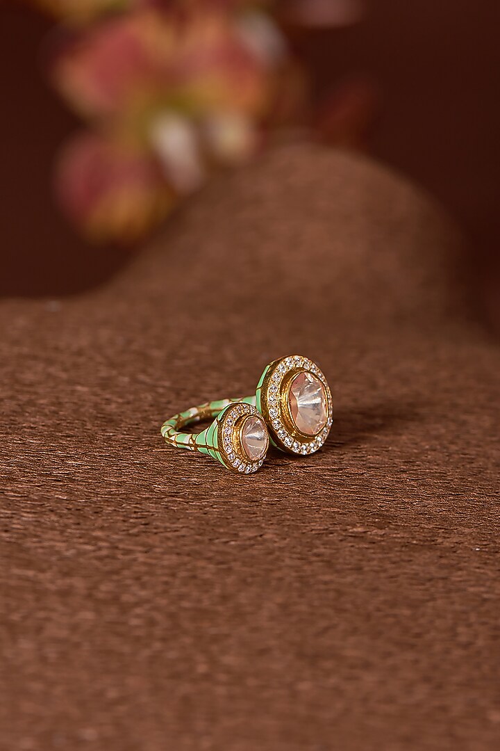 Gold Finish Moissanite Polki & CZ Ring In Sterling Silver by STELLA CREATIONS at Pernia's Pop Up Shop