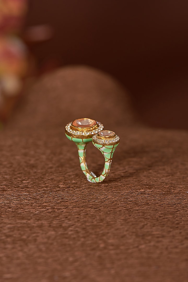 Gold Finish Moissanite Polki & CZ Ring In Sterling Silver by STELLA CREATIONS at Pernia's Pop Up Shop