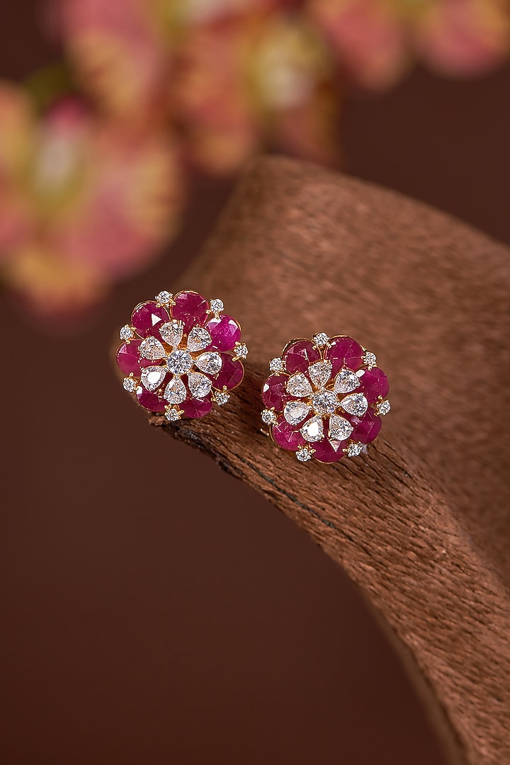 White Finish Zircon & Synthetic Ruby Stud Earrings In Sterling Silver by STELLA CREATIONS at Pernia's Pop Up Shop