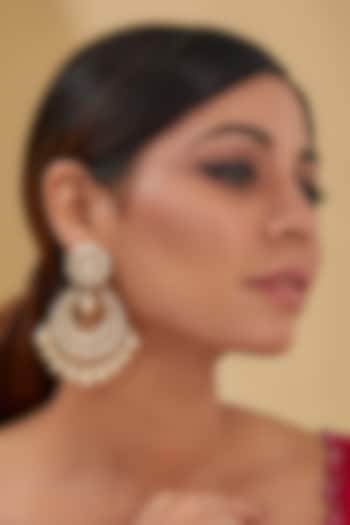 Gold Finish Moissanite Polki & Freshwater Pearl Chandbaali Earrings In Sterling Silver by STELLA CREATIONS at Pernia's Pop Up Shop