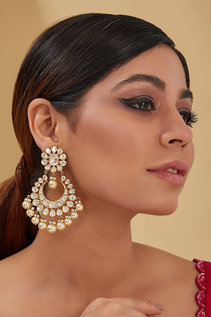 Gold Finish Moissanite Polki & Freshwater Pearl Chandbaali Earrings In Sterling Silver by STELLA CREATIONS at Pernia's Pop Up Shop