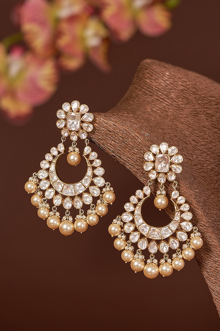 Gold Finish Moissanite Polki & Freshwater Pearl Chandbaali Earrings In Sterling Silver by STELLA CREATIONS at Pernia's Pop Up Shop