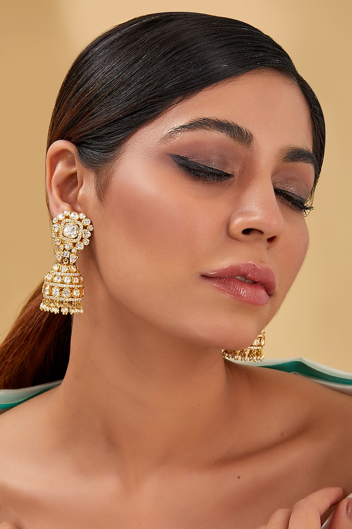 Gold Finish Moissanite Polki & CZ Dangler Earrings In Sterling Silver by STELLA CREATIONS at Pernia's Pop Up Shop