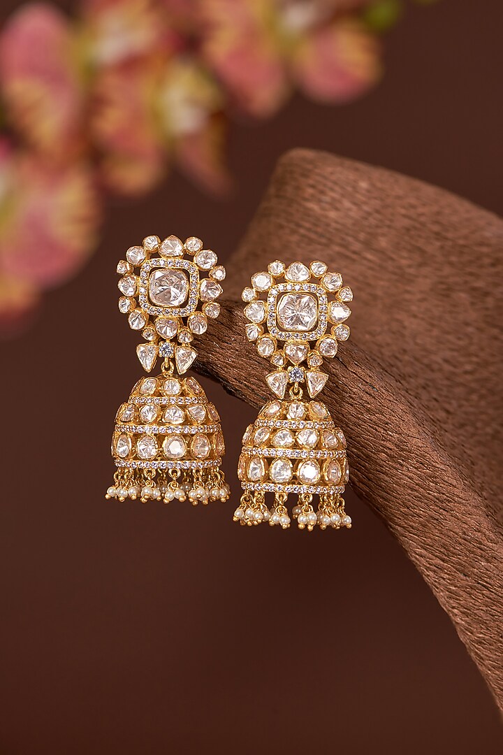 Gold Finish Moissanite Polki & CZ Dangler Earrings In Sterling Silver by STELLA CREATIONS at Pernia's Pop Up Shop