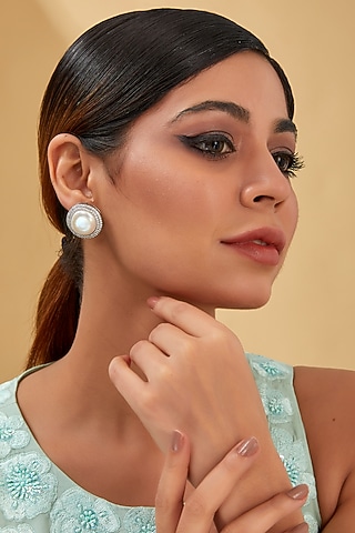White Finish Zircon & Freshwater Pearl Stud Earrings In Sterling Silver by STELLA CREATIONS