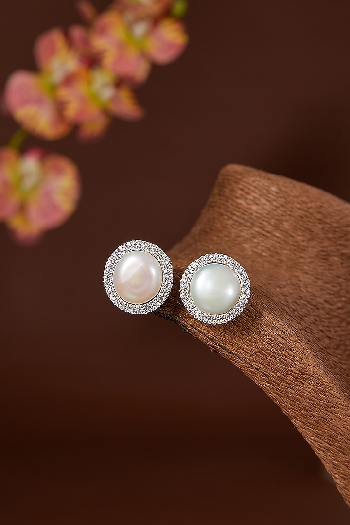 White Finish Zircon & Freshwater Pearl Stud Earrings In Sterling Silver by STELLA CREATIONS at Pernia's Pop Up Shop