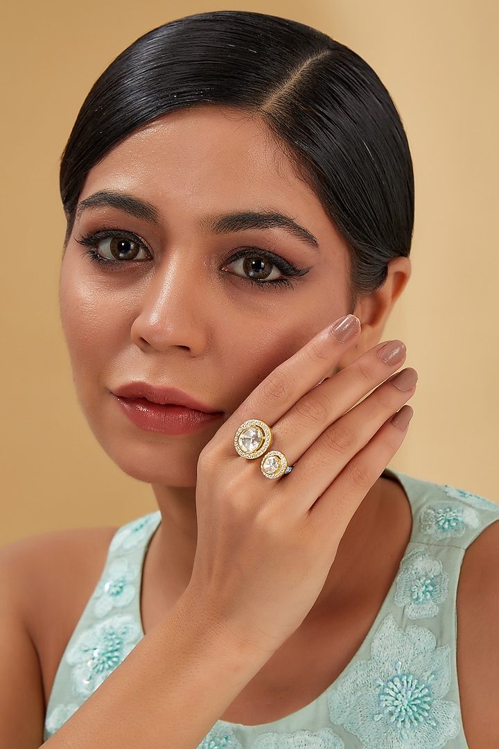 Gold Finish Moissanite Polki & CZ Ring In Sterling Silver by STELLA CREATIONS at Pernia's Pop Up Shop