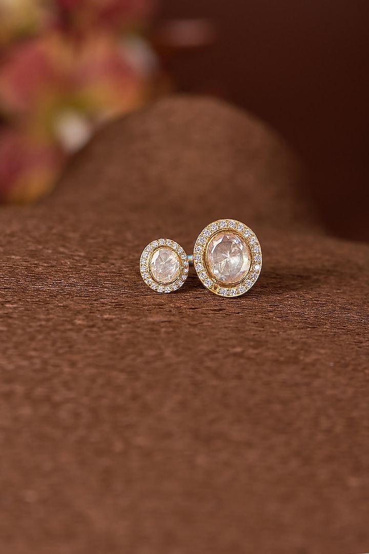 Gold Finish Moissanite Polki & CZ Ring In Sterling Silver by STELLA CREATIONS at Pernia's Pop Up Shop