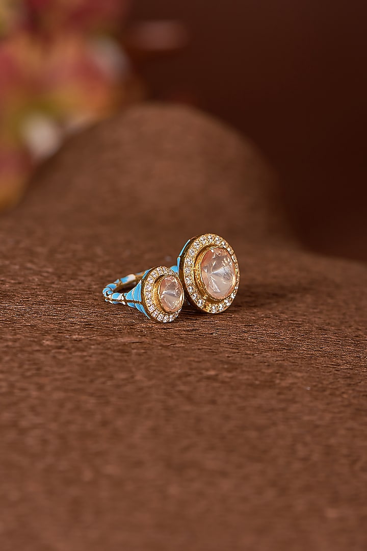 Gold Finish Moissanite Polki & CZ Ring In Sterling Silver by STELLA CREATIONS at Pernia's Pop Up Shop