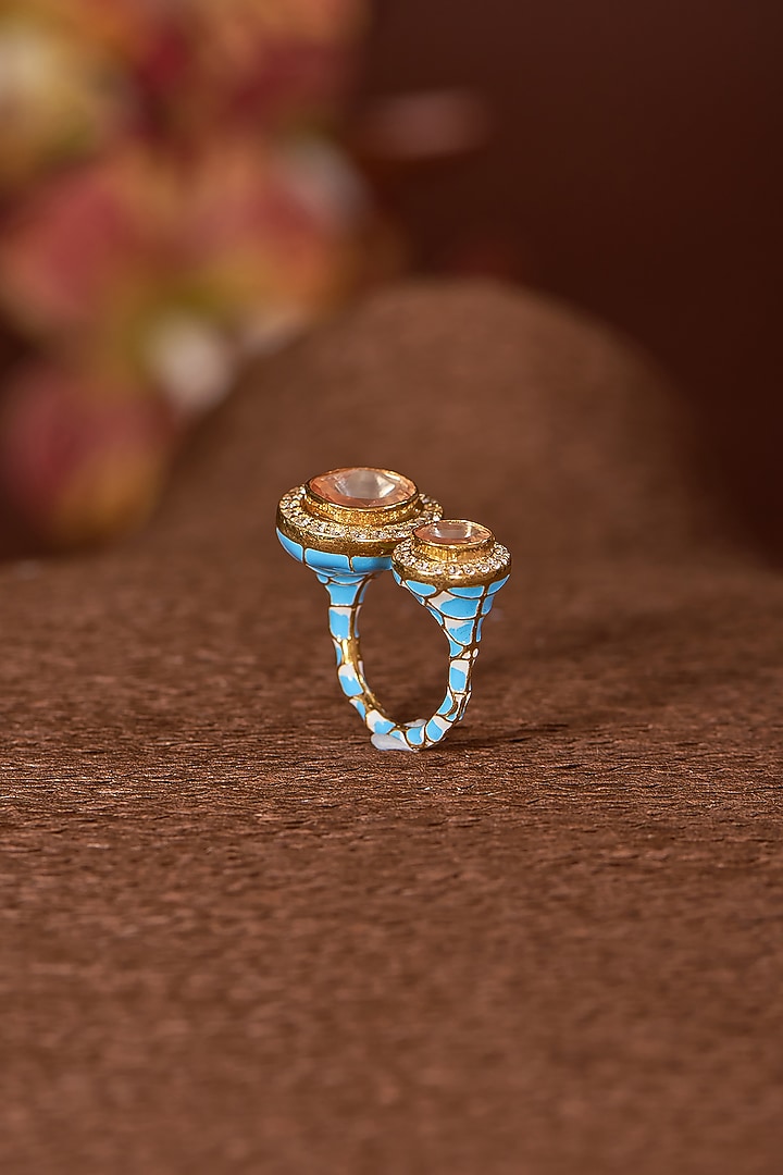 Gold Finish Moissanite Polki & CZ Ring In Sterling Silver by STELLA CREATIONS at Pernia's Pop Up Shop