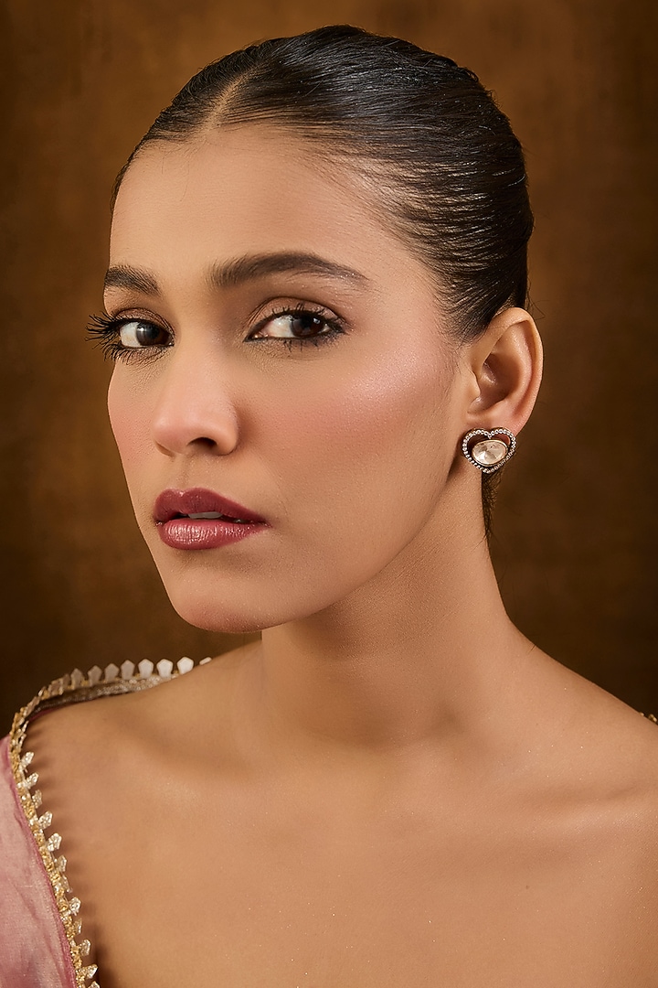 Gold Finish Eurostar Swarovski Zircon & Moissanite Polki Stud Earrings In Sterling Silver by STELLA CREATIONS at Pernia's Pop Up Shop
