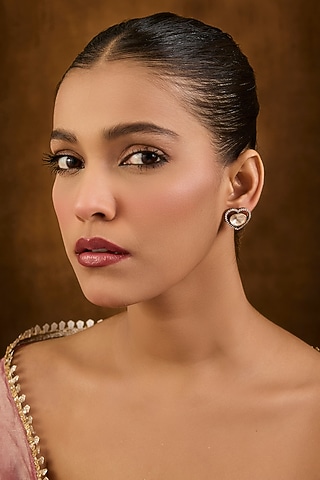Gold Finish Eurostar Swarovski Zircon & Moissanite Polki Stud Earrings In Sterling Silver by STELLA CREATIONS
