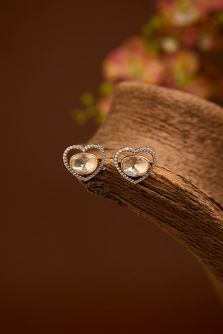 Gold Finish Eurostar Swarovski Zircon & Moissanite Polki Stud Earrings In Sterling Silver by STELLA CREATIONS at Pernia's Pop Up Shop