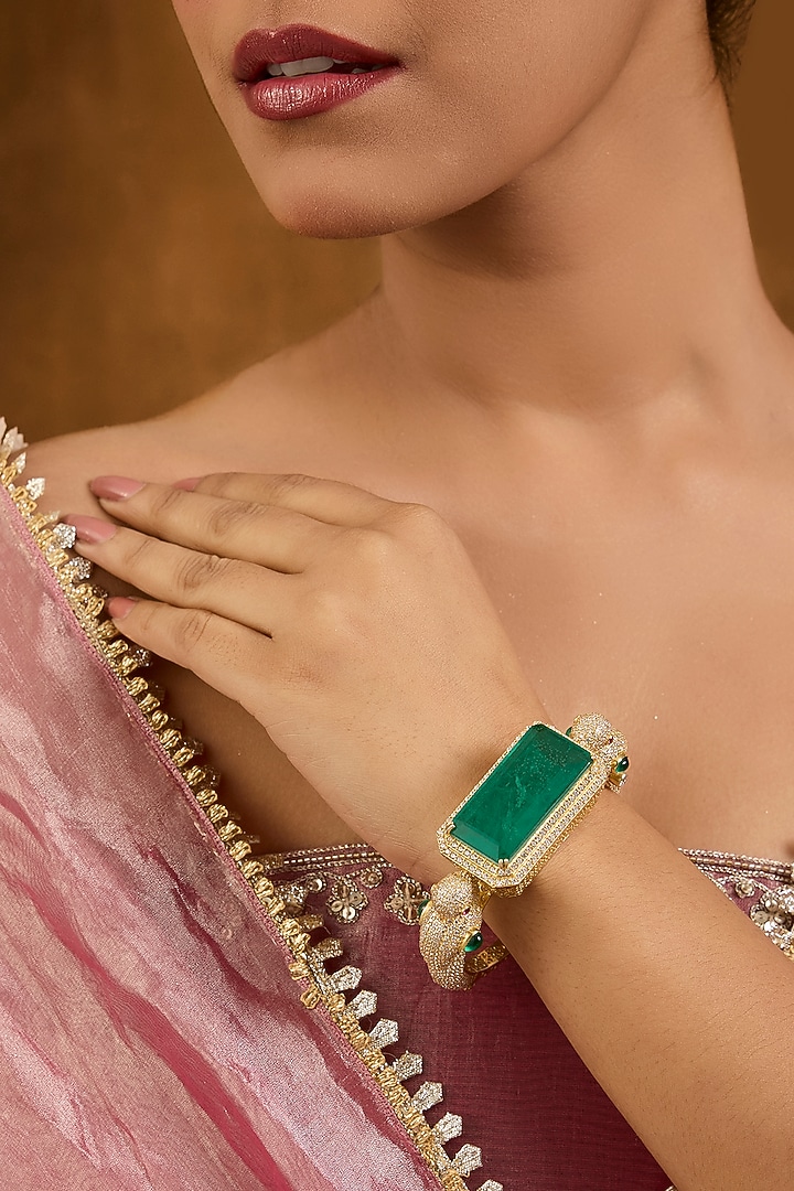 Gold Finish Swarovski Zircon & Emerald Stone Bangle In Sterling Silver by STELLA CREATIONS at Pernia's Pop Up Shop