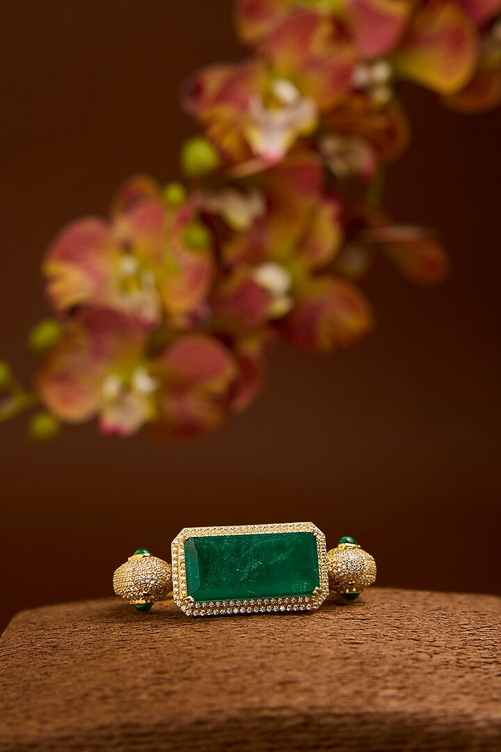 Gold Finish Swarovski Zircon & Emerald Stone Bangle In Sterling Silver by STELLA CREATIONS at Pernia's Pop Up Shop