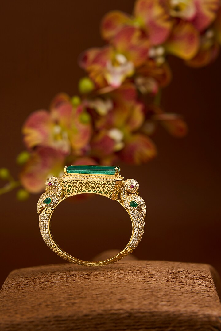 Gold Finish Swarovski Zircon & Emerald Stone Bangle In Sterling Silver by STELLA CREATIONS at Pernia's Pop Up Shop