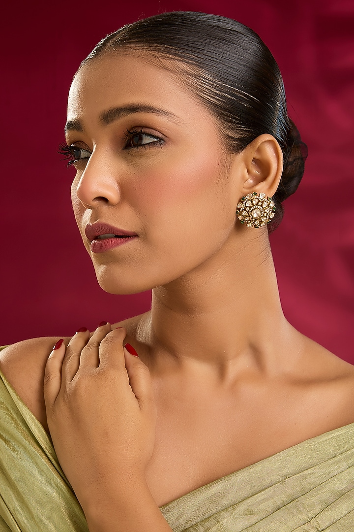 Oxidised Gold Finish Moissanite Polki & Swarovski Zirconia Stud Earrings In Sterling Silver by STELLA CREATIONS at Pernia's Pop Up Shop