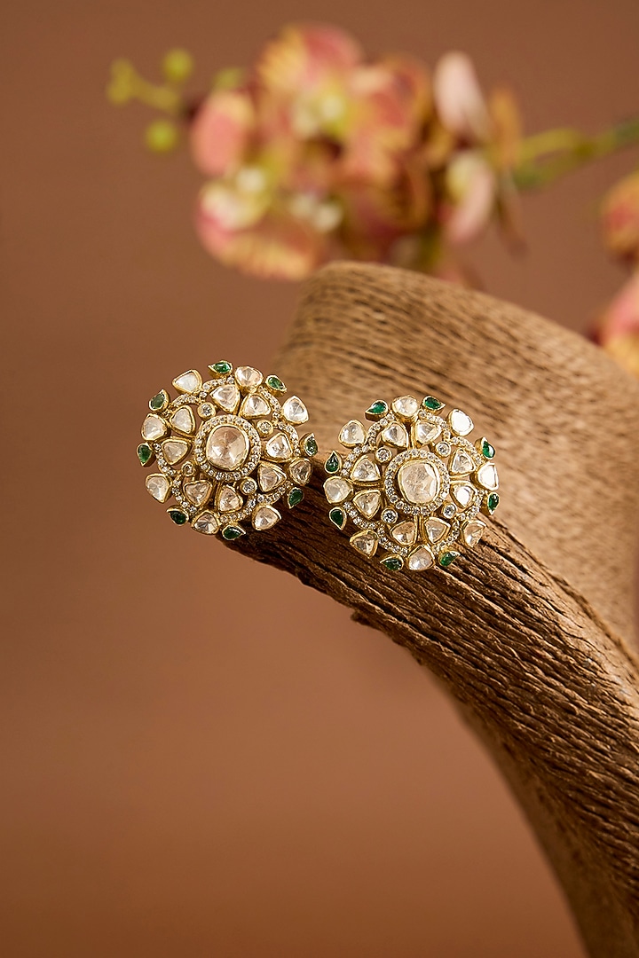 Oxidised Gold Finish Moissanite Polki & Swarovski Zirconia Stud Earrings In Sterling Silver by STELLA CREATIONS at Pernia's Pop Up Shop
