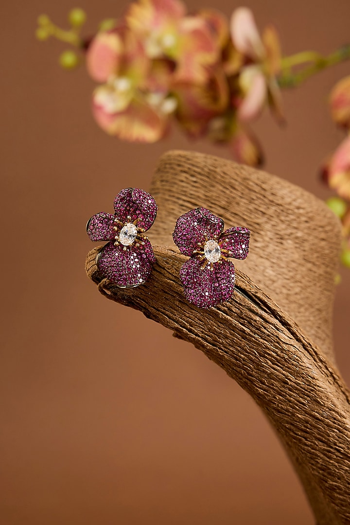 Black Gold Finish Ruby & Swarovski Zircon Stud Earrings In Sterling Silver by STELLA CREATIONS at Pernia's Pop Up Shop
