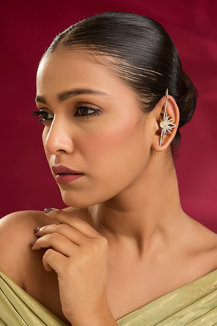 Yellow Gold Finish Moissanite Polki & Swrovski Zircon Stud Earrings In Sterling Silver by STELLA CREATIONS at Pernia's Pop Up Shop