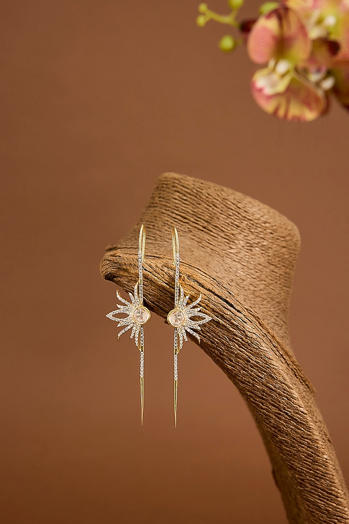 Yellow Gold Finish Moissanite Polki & Swrovski Zircon Stud Earrings In Sterling Silver by STELLA CREATIONS at Pernia's Pop Up Shop