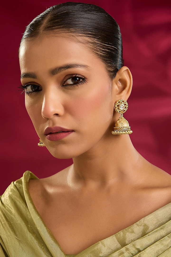 Yellow Gold Finish Moissanite Polki & Shell Pearl Jhumka Earrings In Sterling Silver by STELLA CREATIONS at Pernia's Pop Up Shop