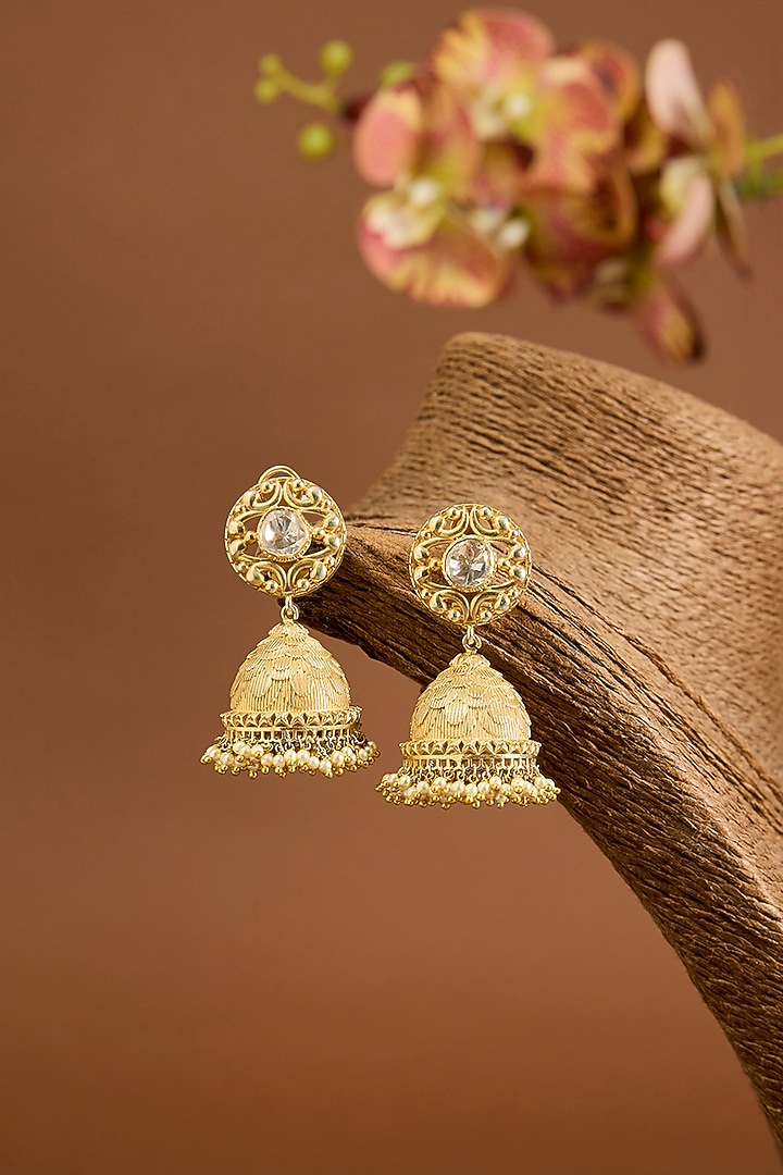 Yellow Gold Finish Moissanite Polki & Shell Pearl Jhumka Earrings In Sterling Silver by STELLA CREATIONS at Pernia's Pop Up Shop