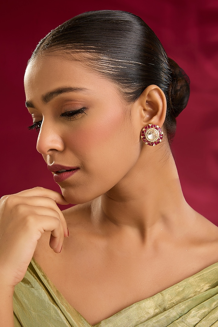 Yellow Gold Finish Moissanite Polki & Ruby Stone Stud Earrings In Sterling Silver by STELLA CREATIONS at Pernia's Pop Up Shop
