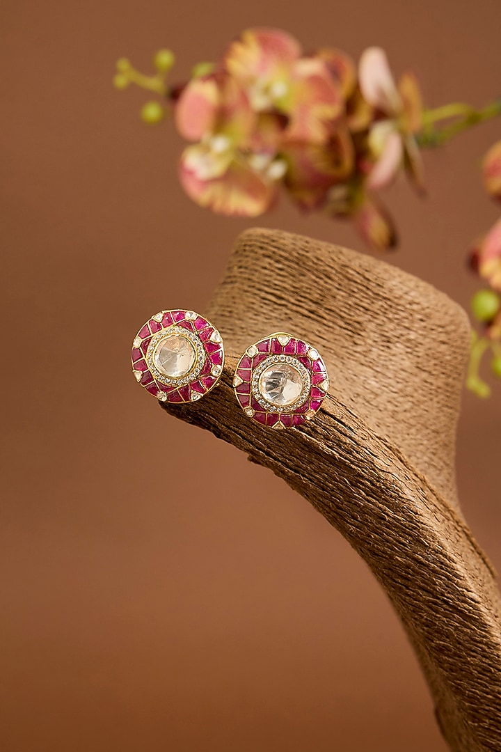 Yellow Gold Finish Moissanite Polki & Ruby Stone Stud Earrings In Sterling Silver by STELLA CREATIONS at Pernia's Pop Up Shop