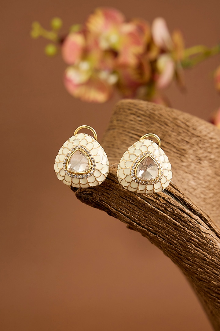Yellow Gold Finish Moissanite Polki & Swarovski Zircon Stud Earrings In Sterling Silver by STELLA CREATIONS at Pernia's Pop Up Shop
