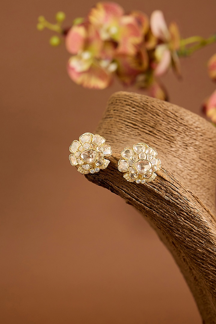 Yellow Gold Finish Moissanite Polki & Swarovski Zircon Stud Earrings In Sterling Silver by STELLA CREATIONS at Pernia's Pop Up Shop